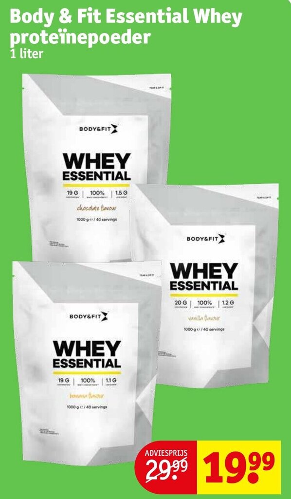 Body & Fit Essential Whey proteïnepoeder 1 liter promotie bij Kruidvat
