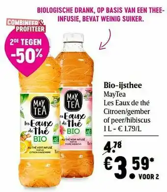 Delhaize Bio-ijsthee maytea les eaux de thé citroen-gember of peer-hibiscus aanbieding