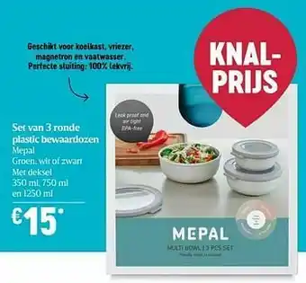 Set van 3 ronde plastic bewaardozen mepal groen wit of zwart met deksel