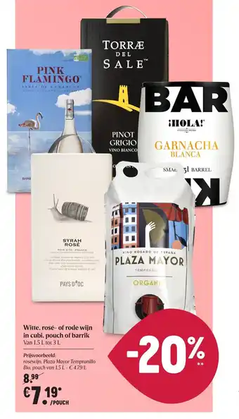 Delhaize Witte, rosé- of rode wijn in cubi, pouch of barrik aanbieding