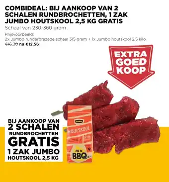 Combideal: bij aankoop van 2 schalen rundbrochetten, 1 zak jumbo houtskool 2,5 kg gratis
