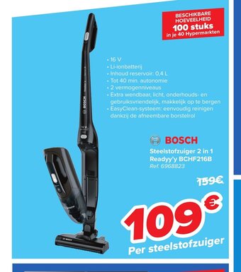 Carrefour BOSCH Steelstofzuiger 2 in 1 Readyy'y BCHF216B aanbieding