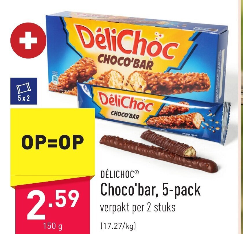 DÉLICHOCⓇ Choco'bar, 5pack 150g promotie bij ALDI