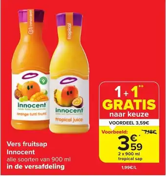 Carrefour Market Vers fruitsap Innocent 2 x 900 ml tropical sap aanbieding