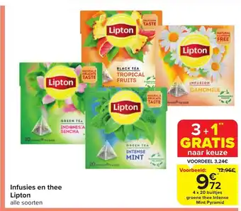 Carrefour Market Infusies en thee Lipton 4 x 20 builtjes groene thee Intense Mint Pyramid aanbieding