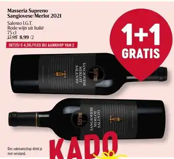 Masseria supreno sangiovese/merlot 2021 salento i.g.t. rode wijn uit italië 75 cl