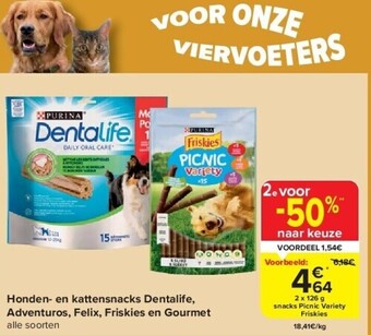 Carrefour Honden- en kattensnacks dentalife, adventuros, felix, friskies en gourmet aanbieding