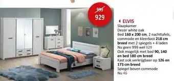Weba Elvis slaapkamer decor white oak bed 160 x 200 cm, 2 nachttafels, commode en kleerkast 218 cm breed met 2 spiegels + 4 laden aanbieding
