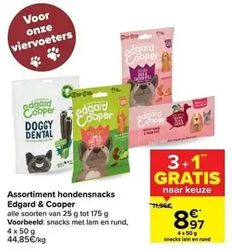 Carrefour Assortiment hondensnacks edgard + cooper 4 X 50 G aanbieding