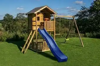 BnB Wood schommel Lucas met vloer en omheining met blauwe glijbaan