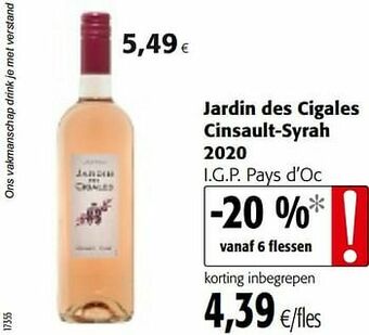 Colruyt Jardin des cigales cinsault-syrah 2020 i.g.p. pays d’oc aanbieding