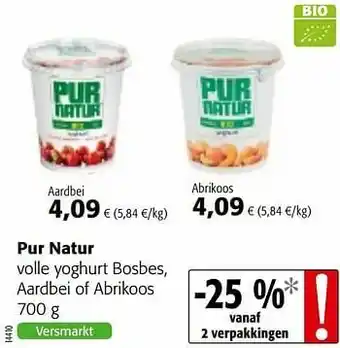 Colruyt Pur natur volle yoghurt bosbes, aardbei of abrikoos aanbieding