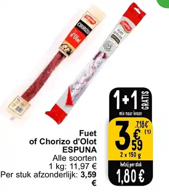 Cora ESPUNA Fuet of CHORIZO d'Olot 2 x 150g aanbieding