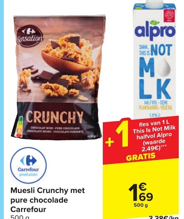 Muesli Crunchy met pure chocolade 500g promotie bij Carrefour