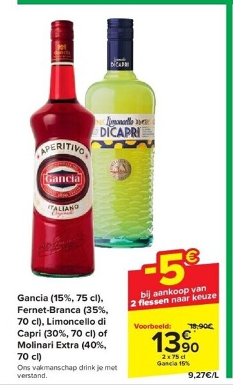 Gancia (15%, 75 cl), fernet-branca (35%, 70 cl), limoncello di capri (30%, 70 cl) of molinari extra (40%, 70 cl)