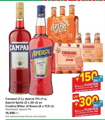 Campari (1 l), aperol 11% (1 l), aperol spritz (3 x 20 cl) en crodino bitter of rosso (6 x 17,5 cl)
