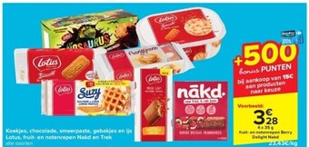 Carrefour Koekjes, chocolade, smeerpasta, gebakjes en ijs lotus, fruit- en notenrepen nakd en trek aanbieding