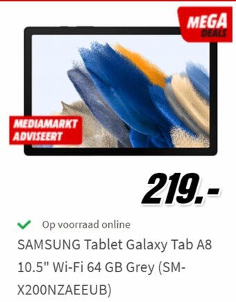 MediaMarkt SAMSUNG Tablet Galaxy Tab A8 10.5" Wi-Fi 64 GB Grey (SM- X200NZAEEUB) aanbieding