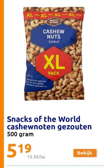 Action Snacks of the World cashewnoten gezouten 500 gram aanbieding