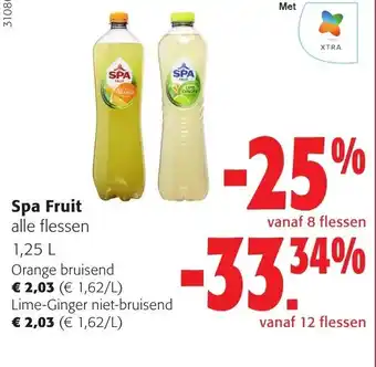 Colruyt Spa Fruit alle flessen 1,25 L Orange bruisend and Lime-Ginger niet-bruisend aanbieding