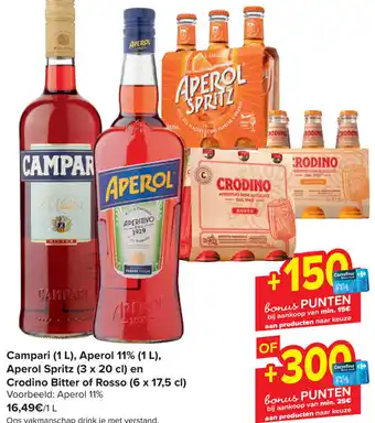 Carrefour Campari (1 L), Aperol 11% (1 L), Aperol Spritz (3 x 20 cl) en Crodino Bitter of Rosso (6 x 17,5 cl) aanbieding