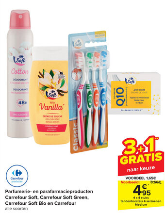 Carrefour Parfumerie- en parafarmacieproducten Carrefour Soft, Carrefour Soft Green, Carrefour Soft Bio en Carrefour 4 x 4 stuks aanbieding
