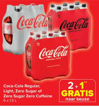 Carrefour Market Coca-Cola Regular, Light, Zero Sugar of Zero Sugar Zero Caffeine 6 x 1,5 L aanbieding