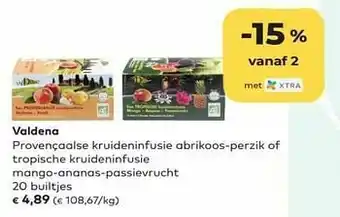Bio Planet Valdena provençaalse kruideninfusie abrikoos-perzik of tropische kruideninfusie mango-ananas-passievrucht aanbieding
