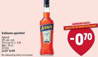 Aperol 11% alc. vol. Italiaans aperitief 70cl of 1L