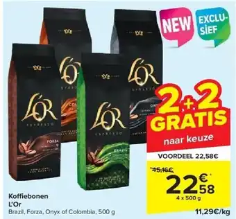 Carrefour L'Or Café en grains Brazil, Forza, Onyx ou Colombia, 4 x 500 g aanbieding