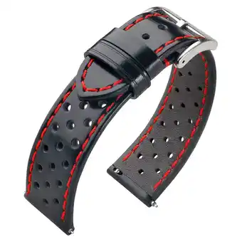 Rally horlogebandje geperforeerd kalfsleer zwart met rood stiksel 20mm