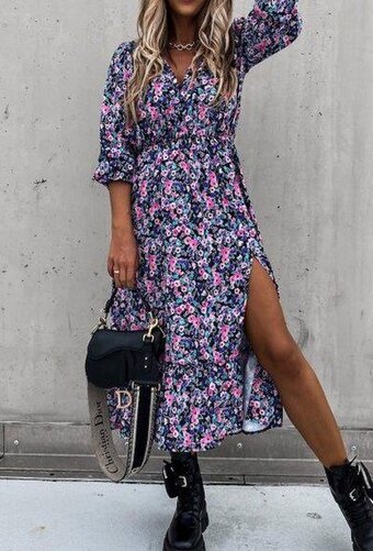 Lange trendy jurk met split - vrouwen - bloemen - lila - one size(36/40)