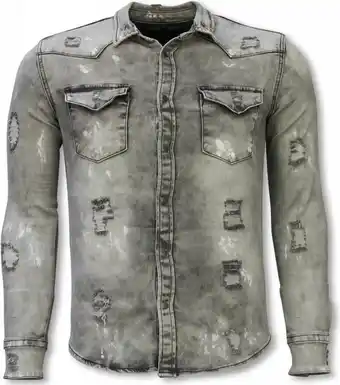 Denim shirt - slim fit damaged allover - grijs