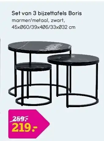 Leen Bakker Set van 3 bijzettafels boris marmer/metaal, zwart, 45xø60/39x4ø6/33xø32 cm aanbieding