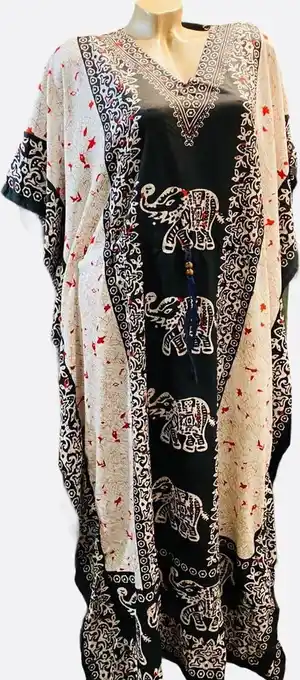 Kaftan met aantrekkoord en olifantenafbeelding one size wit/zwart