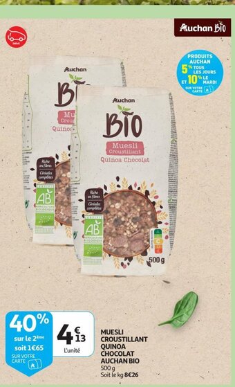 Auchan MUESLI CROUSTILLANT QUINOA CHOCOLAT AUCHAN BIO 500 g aanbieding