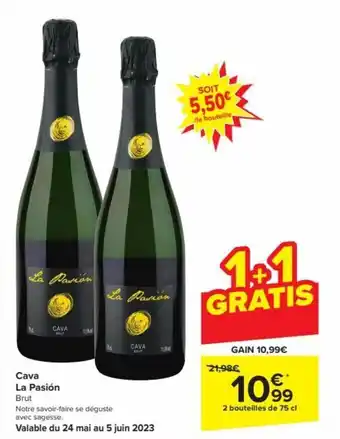 Carrefour La Pasión Cava Brut 2 2 bouteilles de 75 cl aanbieding