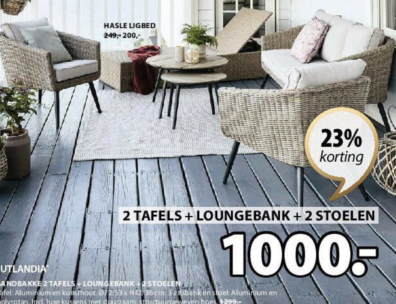 JUTLANDIA SANDBAKKE 2 TAFELS + LOUNGEBANK+2 STOELEN Tafel Aluminium en