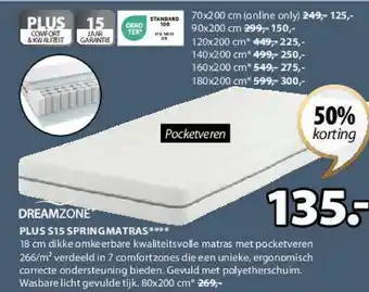 Jysk DREAMZONE PLUS S15 SPRING MATRAS**** 80 x 200cm aanbieding