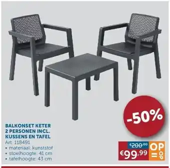Balkonset keter 2 personen incl. kussens en tafel