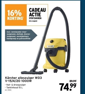 GAMMA Kärcher alleszuiger wd3 v-15/4/20 1000w aanbieding