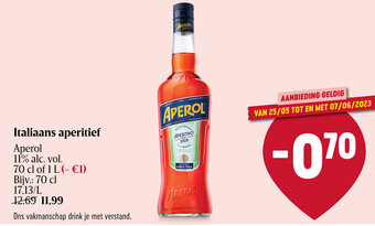 Delhaize Aperol 11% alc. vol. 70cl of 1L Italiaans aperitief aanbieding