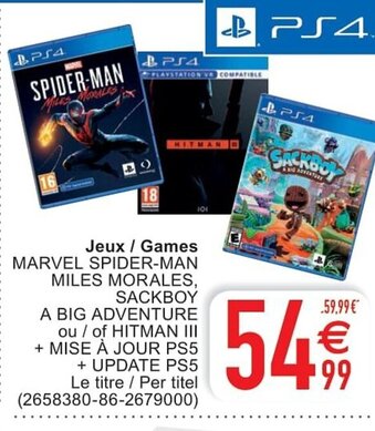 Cora Jeux / Games Marvel Spider-Man Miles Morales, Sackboy A Big Adventure ou / of Hitman III + Mise À Jour PS5 + Update PS5 aanbieding