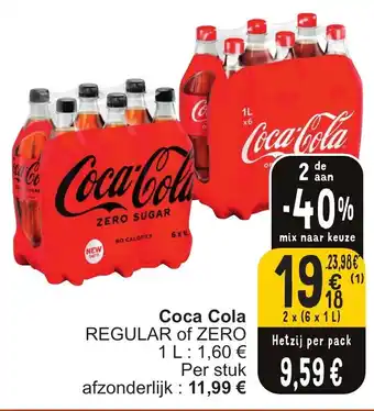 Cora Coca Cola REGULAR of ZERO 1 2 x (6 x 1L) aanbieding