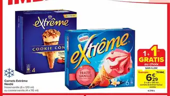 Carrefour Market Cornets Extrême Nestlé fraise/vanille (6 x 120 ml) ou cookie/vanille (4 x 110 ml) aanbieding
