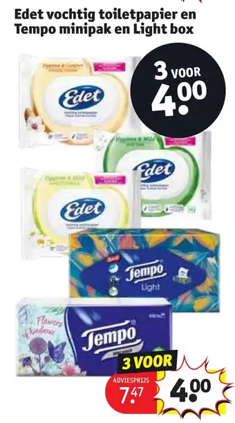 Kruidvat Edet vochtig toiletpapier en Tempo minipak en Light box aanbieding