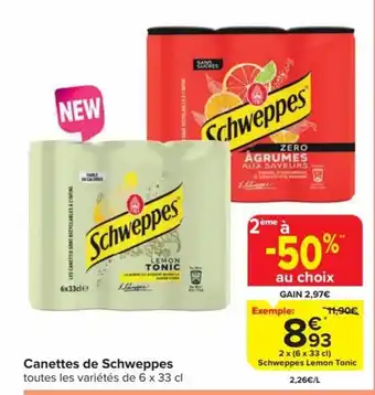 Carrefour Market Canettes de Schweppes,2 x (6 x 33 cl) Schweppes Lemon Tonic 6 x 33 cl aanbieding