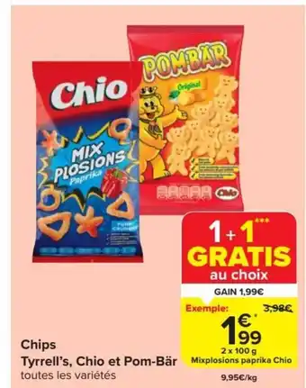 Carrefour Market Chips Tyrrell's, Chio et Pom-Bär 2 x 100 g aanbieding