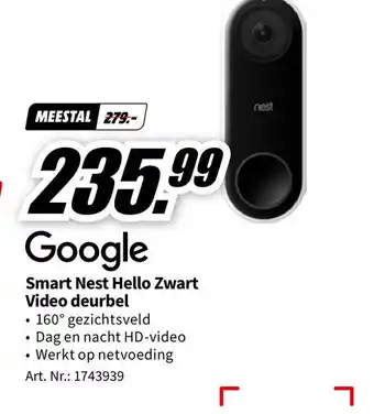MediaMarkt Google Smart Nest Hello Zwart Video deurbel aanbieding