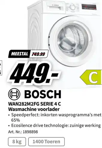 MediaMarkt H BOSCH WAN282M2FG SERIE 4 C Wasmachine voorlader aanbieding